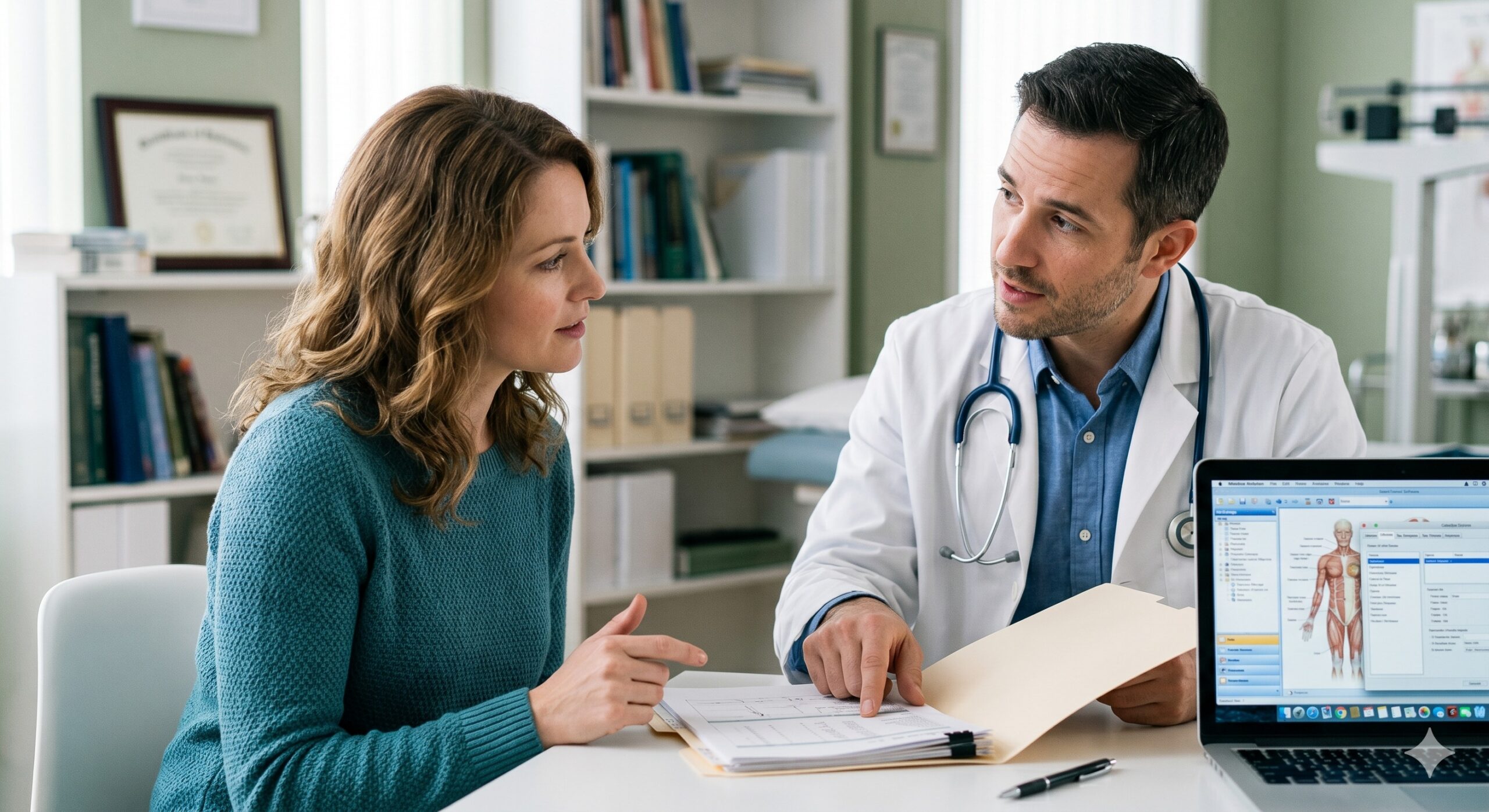Lady in her late 30s discussing with a doctor about her medical records