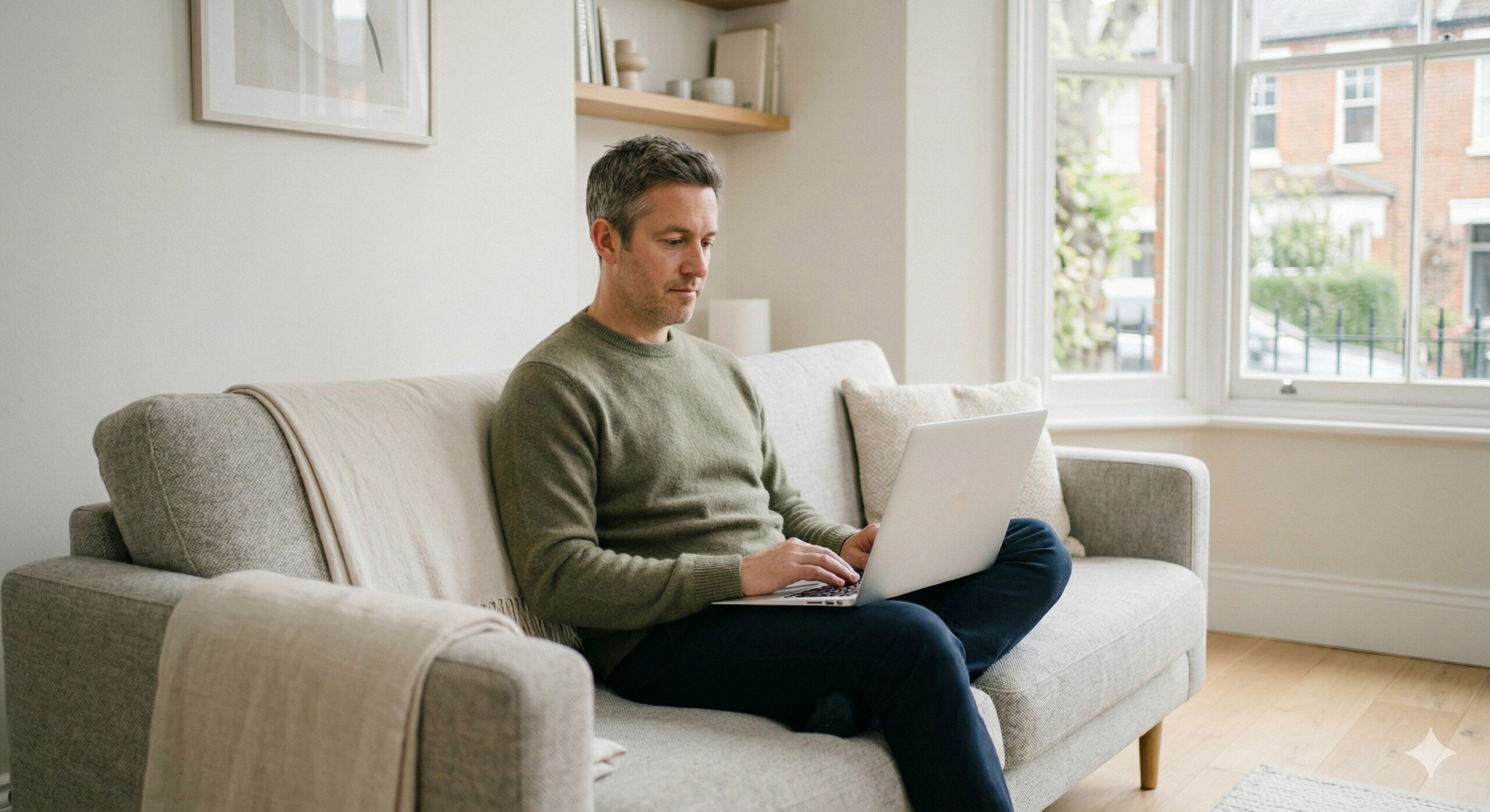 Man sitting on a sofa with a laptop on his lap, he is going through the Naturecan clinic table eligibility checker form.