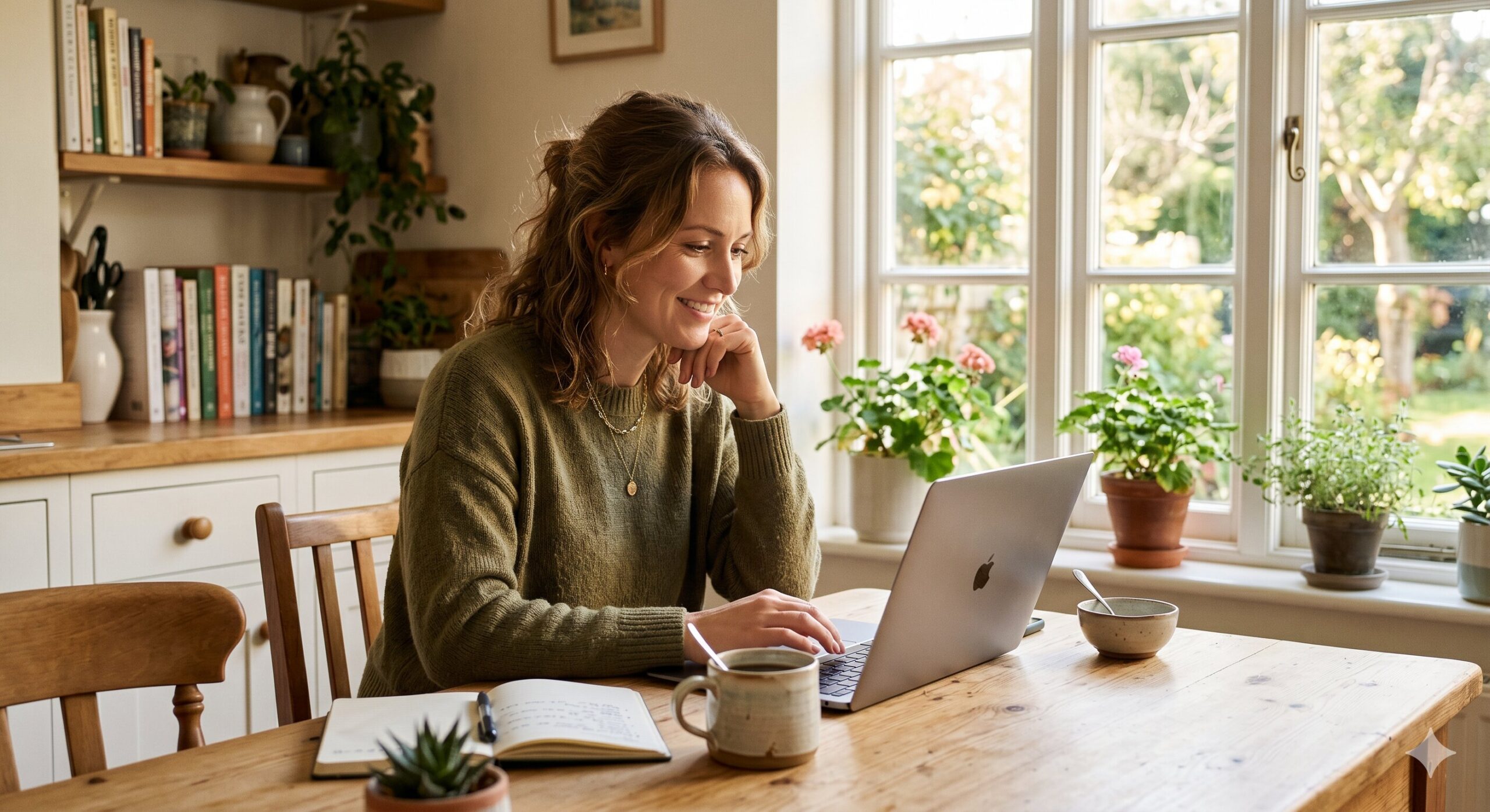 A person sitting at a bright kitchen table in the morning, laptop open, composing an email, warm natural light through the window, coffee cup nearby, relaxed and unhurried, lifestyle editorial photography, soft warm tones, shallow depth of field