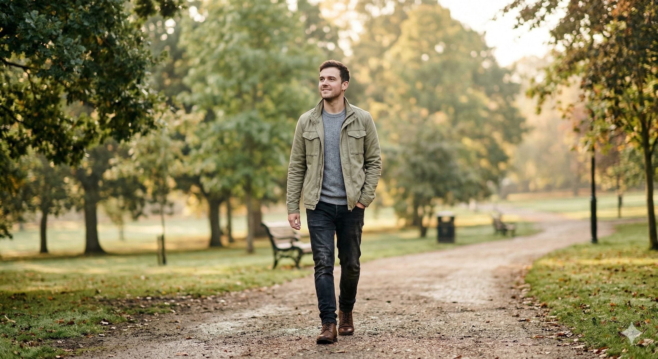Man in his 30s walking through the park on a sunny summer day.