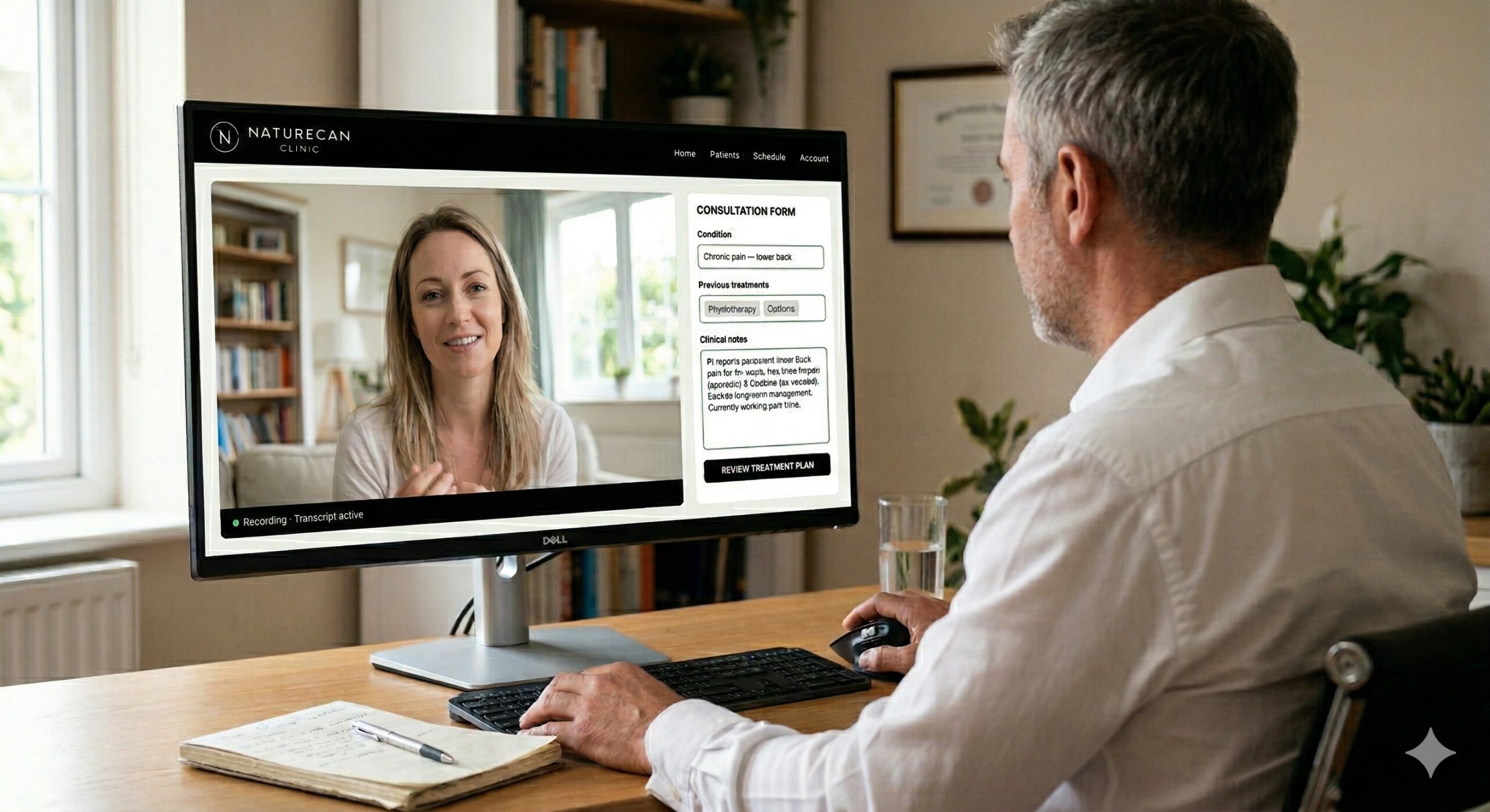 Doctor viewed from behind, sitting at a home office desk looking at a monitor showing the Naturecan Clinic consultation dashboard with a live video call with a patient on the left and a clinical consultation form on the right.