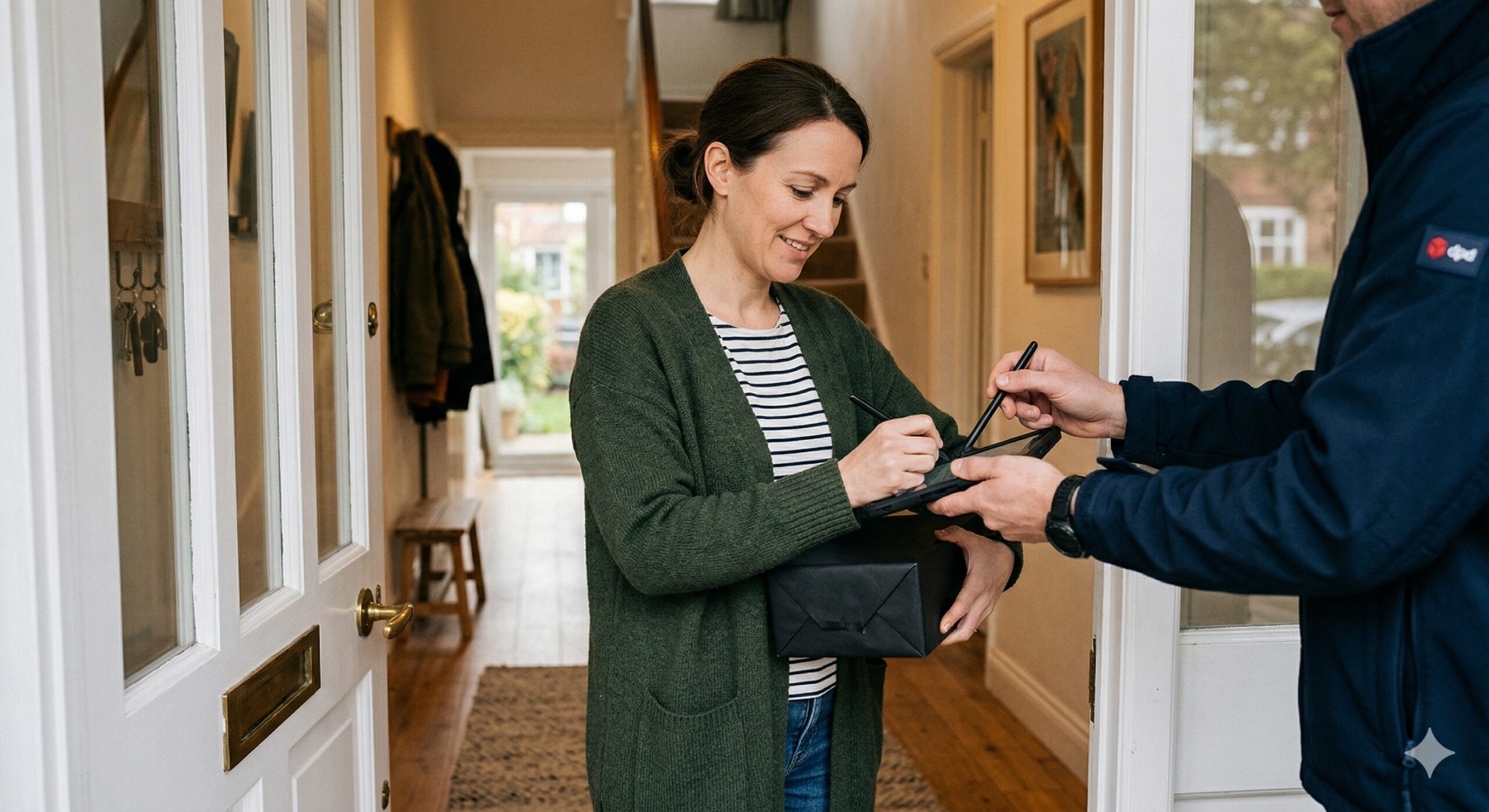 Lady stood in her front door receiving her medical cannabis prescription in the UK from Naturecan in discreet packaging.