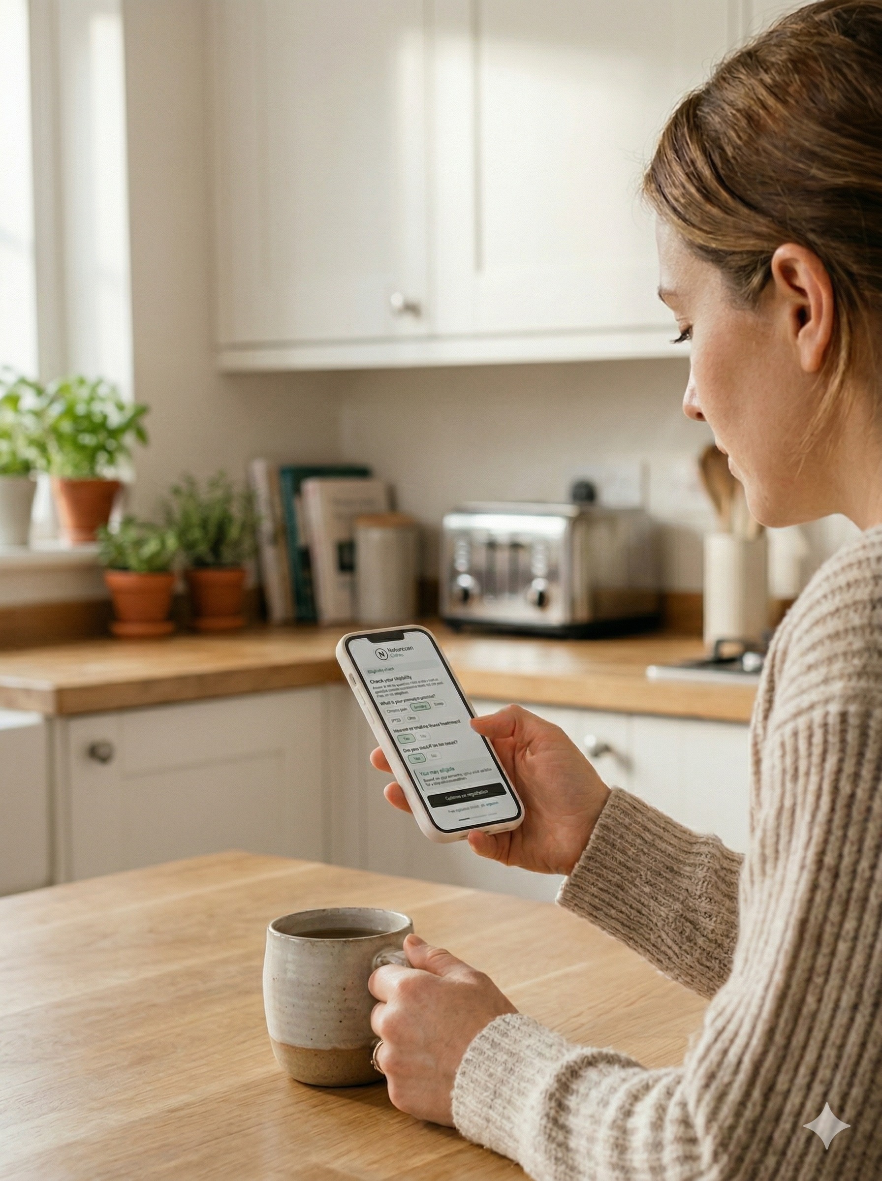 Woman sitting at a kitchen table holding a smartphone displaying the Naturecan Clinic eligibility checker form, with a ceramic cup of tea beside her in a bright, naturally lit kitchen