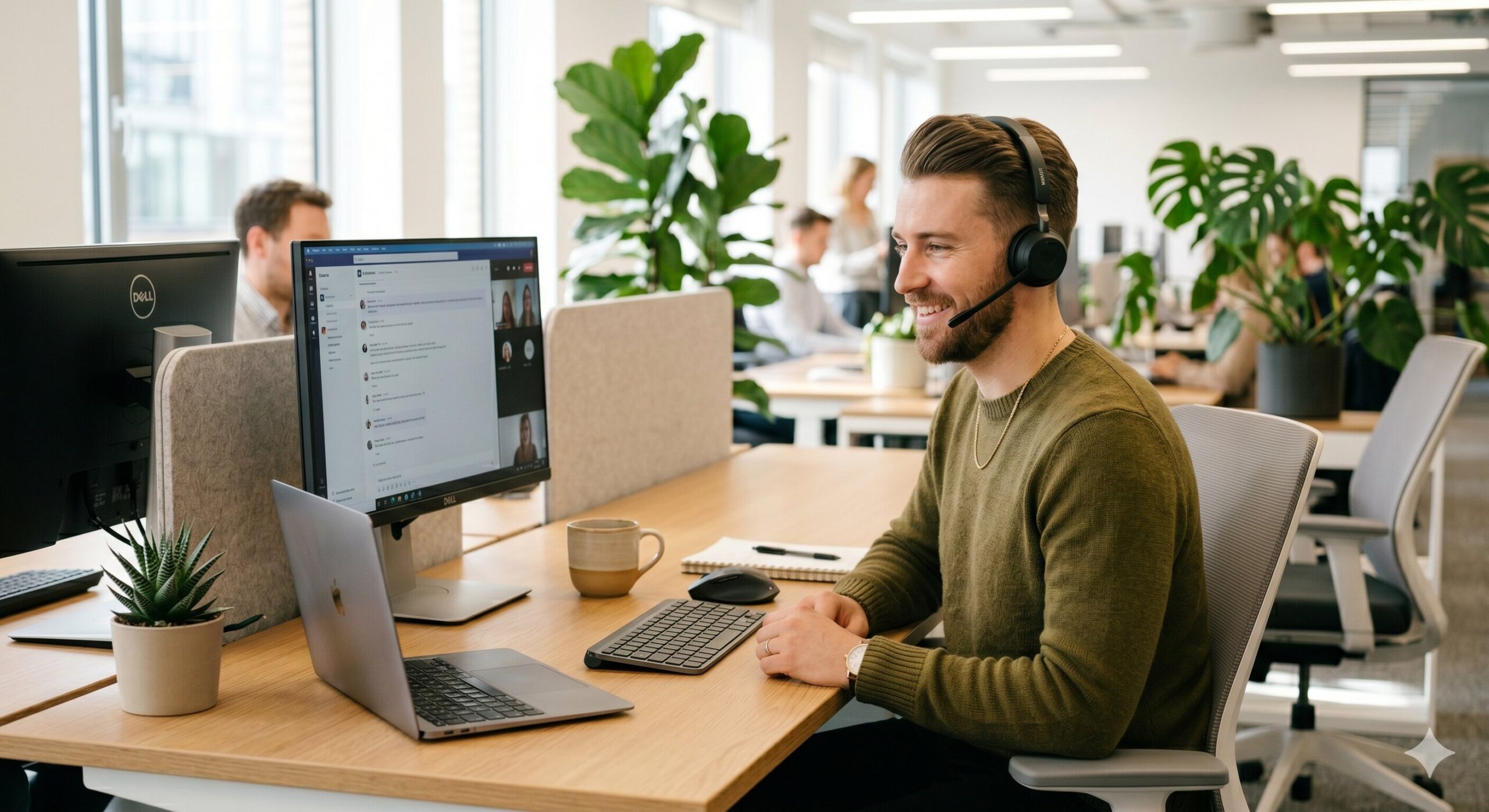 A friendly professional man at a clean modern desk, headset on, smiling warmly while looking at a computer screen, bright open-plan office, natural light, plants in background, candid editorial lifestyle photography, warm neutral tones, soft depth of field
