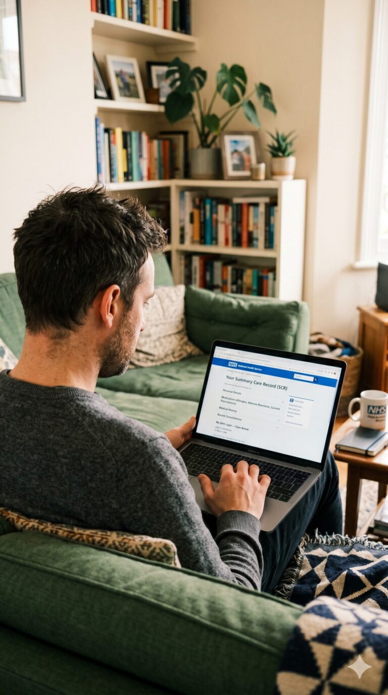 Photo of a man in his late 30s, we are looking over his shoulder while he is sat on his sofa. On his lap is a laptop where he is searching obtaining his summary care record from the NHS.