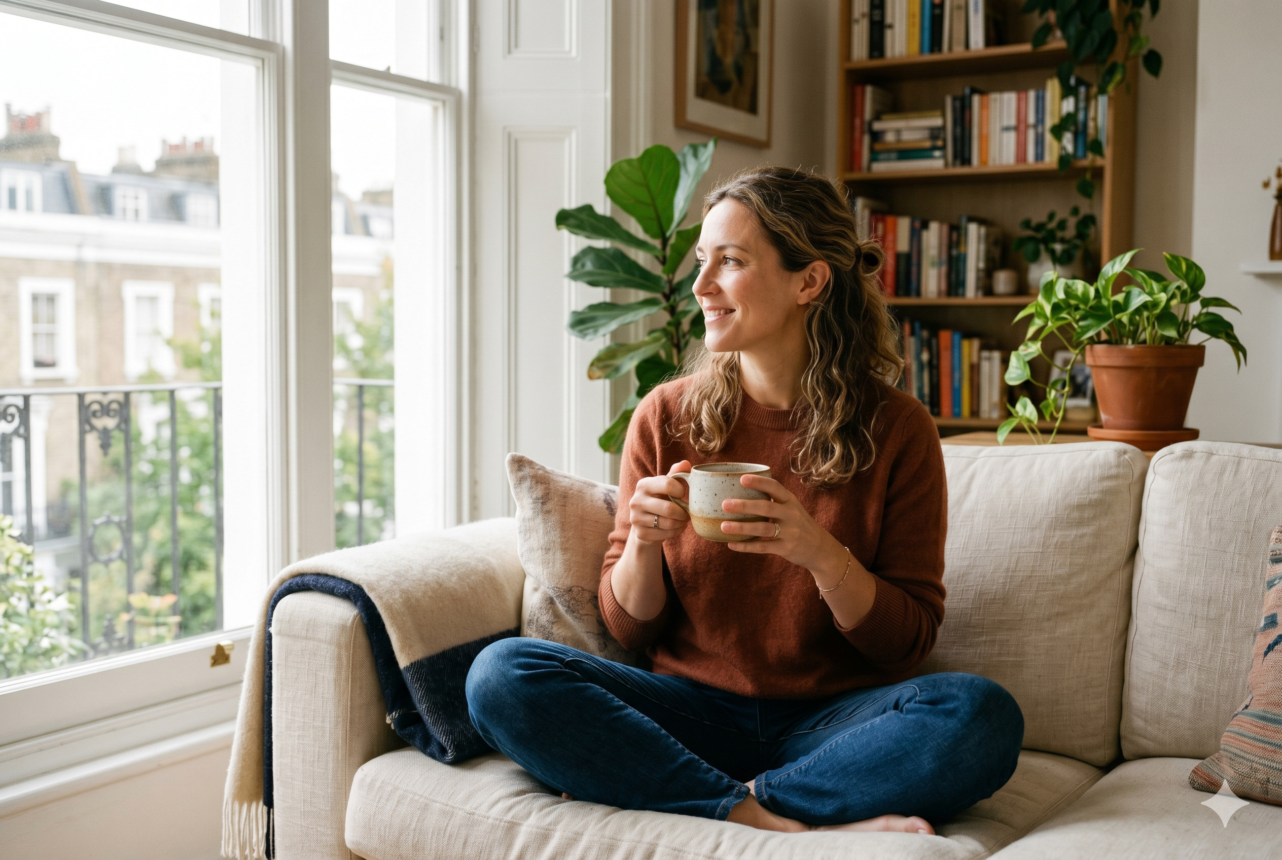Woman sat on sofa looking out the window with a mug of coffee in her hand