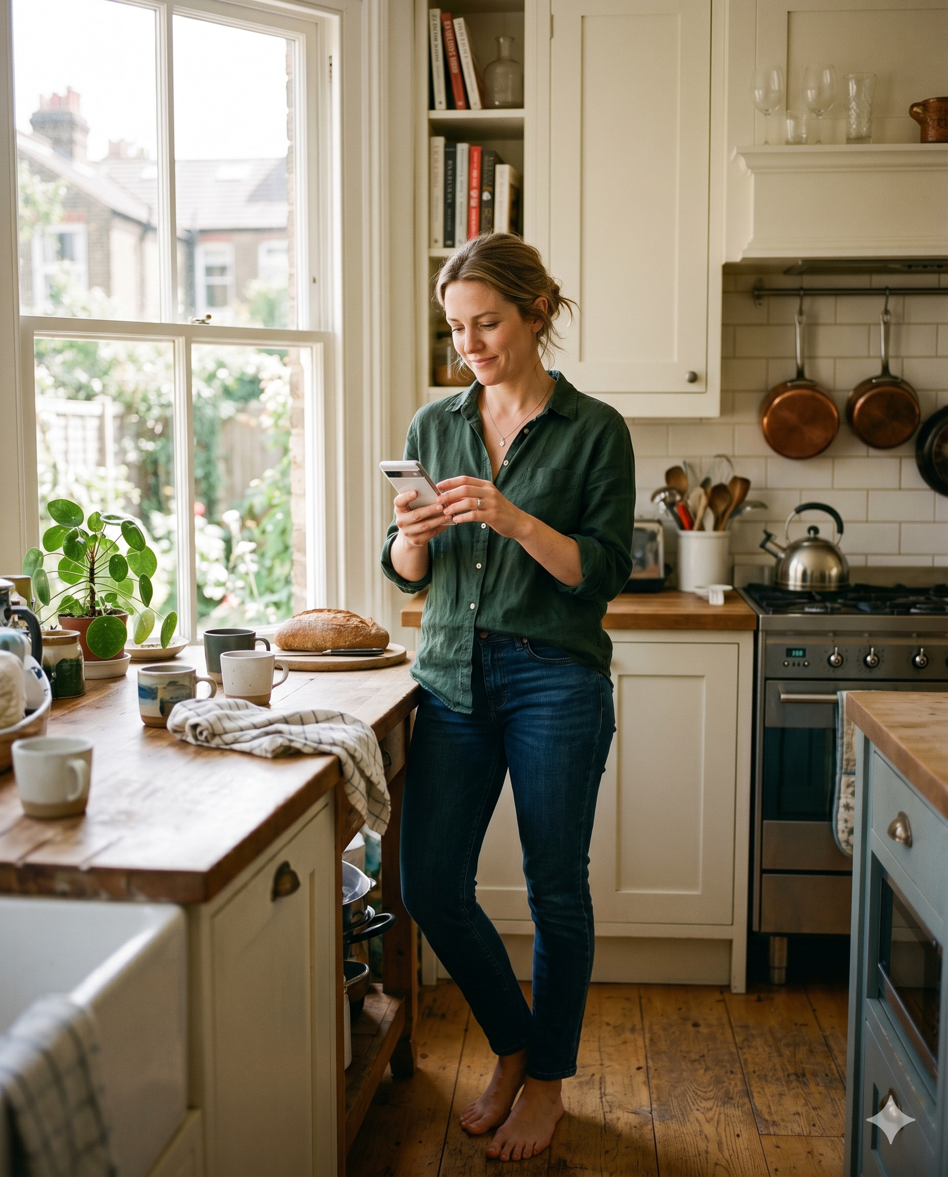 Woman stood in her countryside style kitchen on her phone