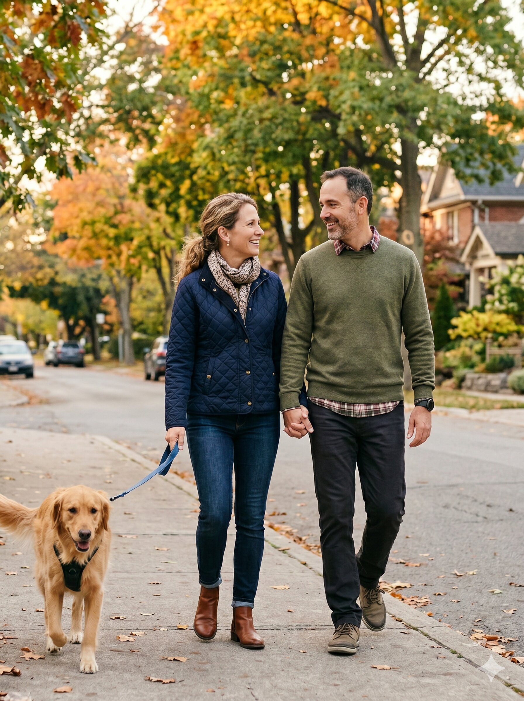 Couple in their 40s walking their dog on a sunny autumn day