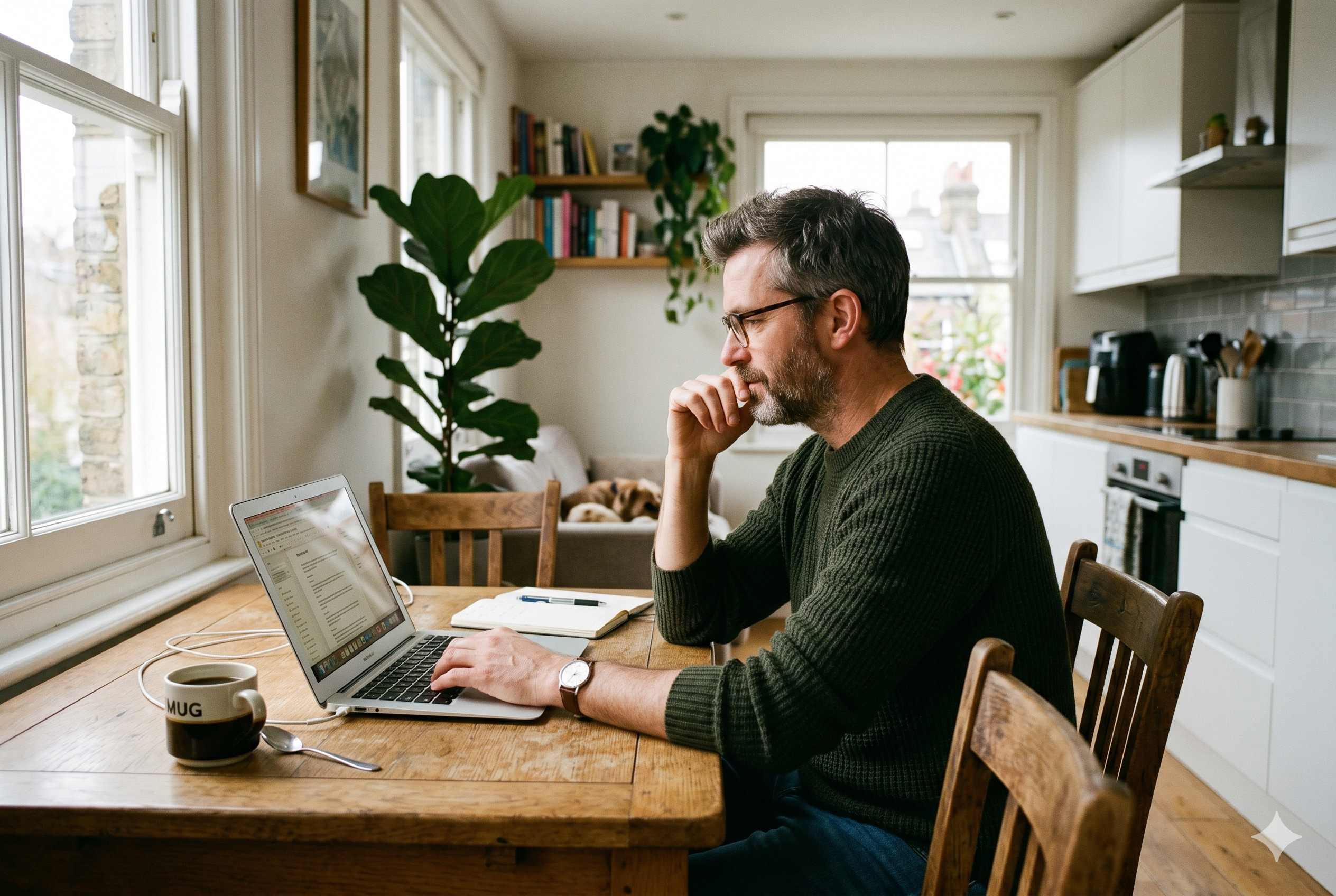 A man in his 40s sat at his kitchen desk working on his computer
