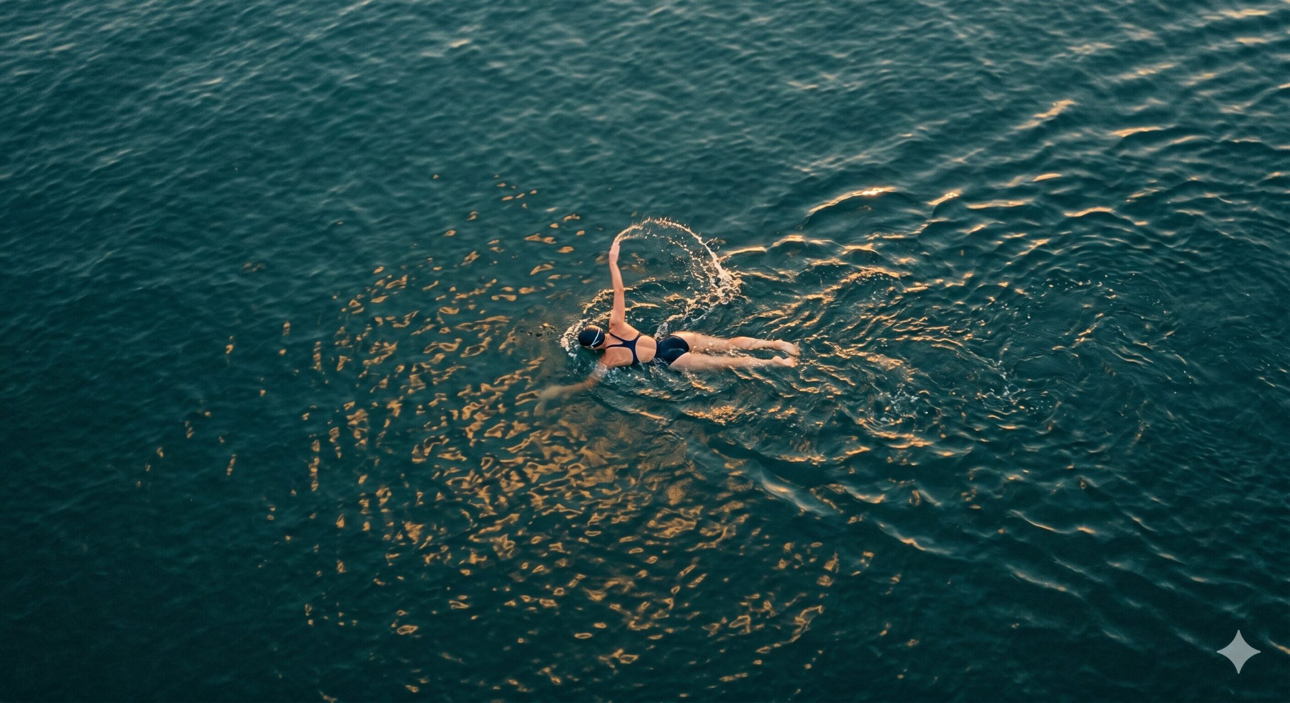 Aerial top-down view of a lone swimmer in deep blue-green open water, golden morning light reflected on the surface, arms mid-stroke, sense of solitude and calm, editorial lifestyle photography, desaturated teal and amber palette, cinematic grade