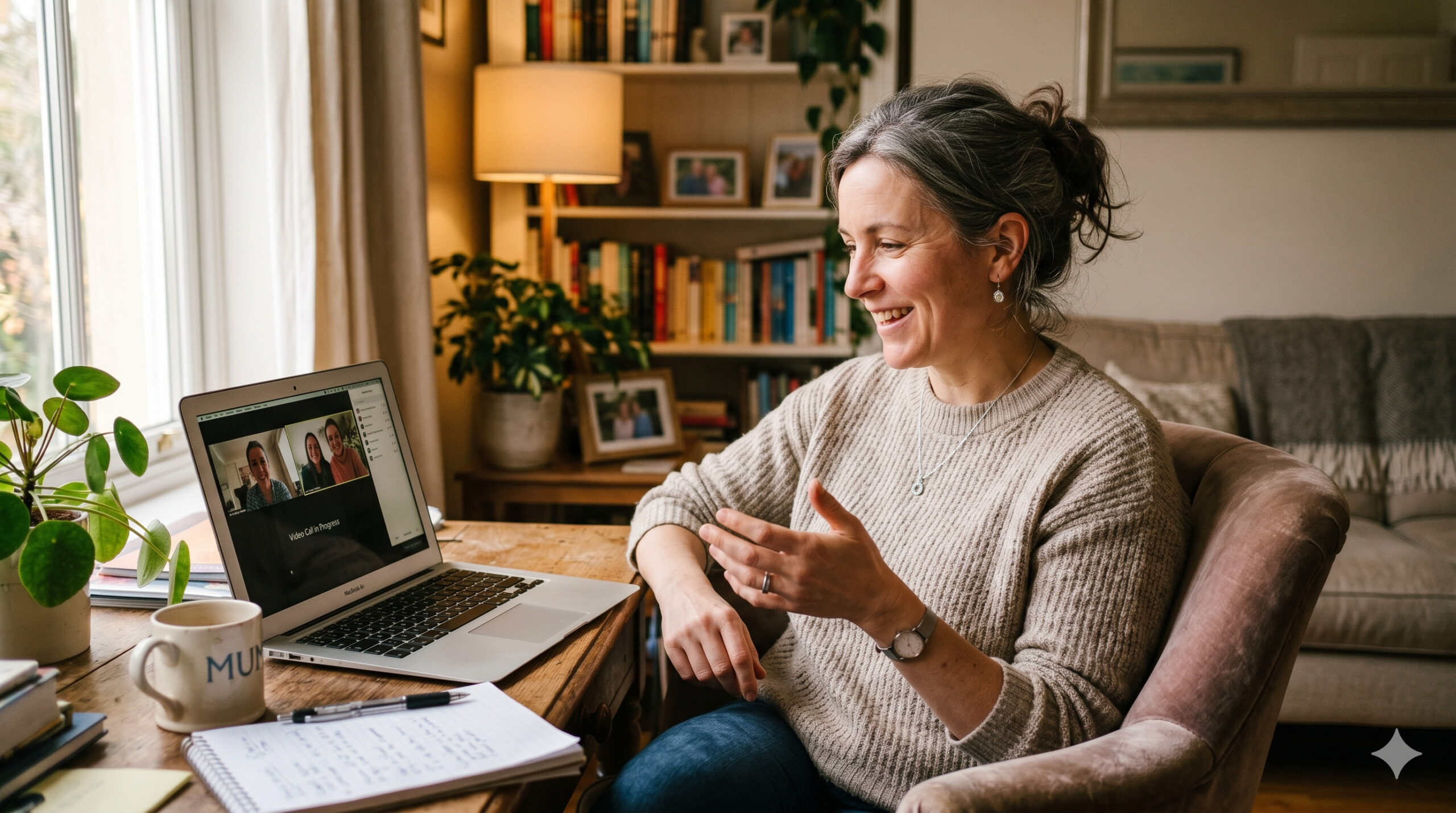 Woman sat at her office desk with a bookcase behind her, she is on a video call