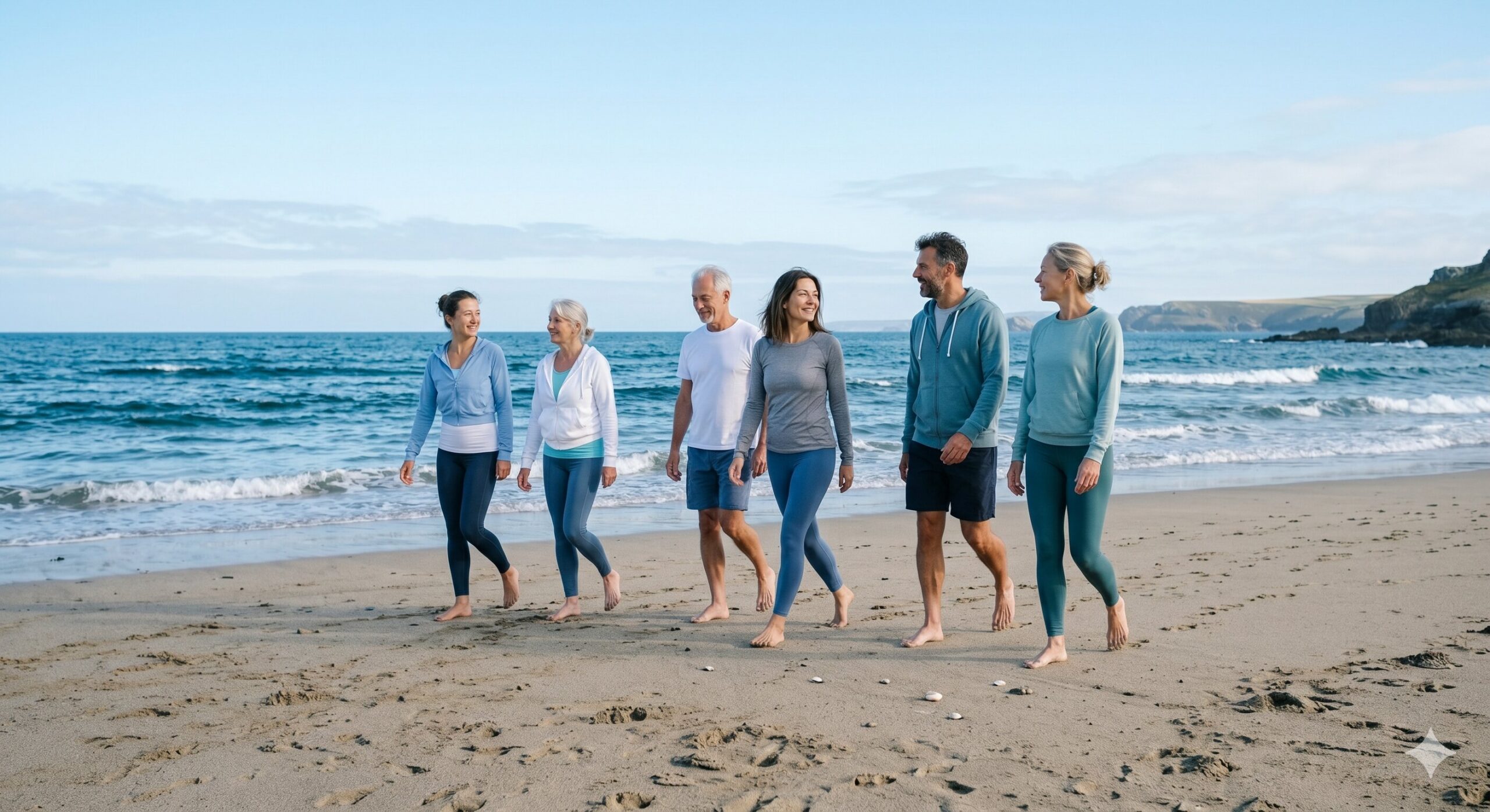 A family of multiple generations walking along the beach early morning before the sun is up